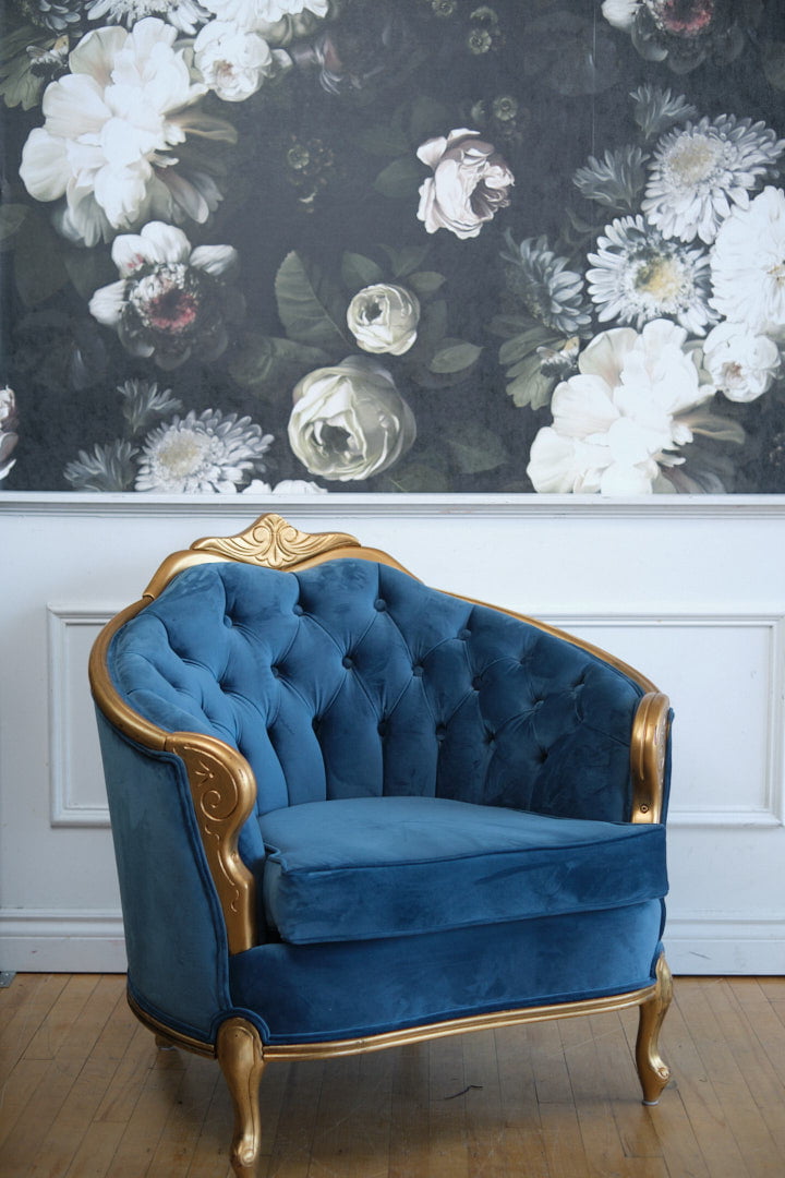 Luxurious chair on flower wallpaper set in our Toronto Boudoir Photography studio